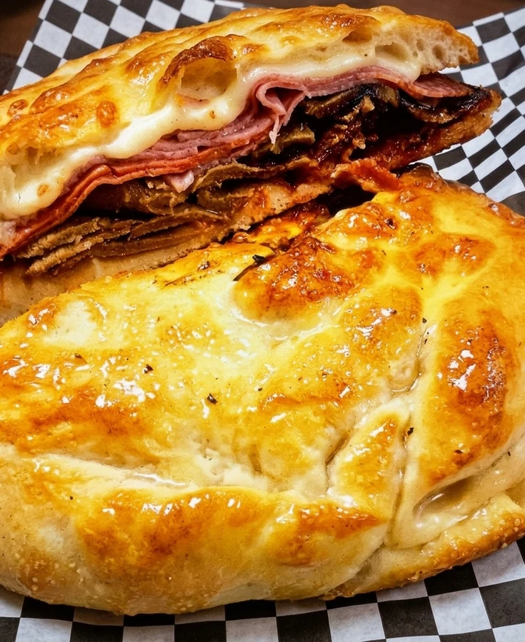 Classic beef calzone at Sal's Famous on 82 St Edmonton - stuffed with beef, cheese, and sauce