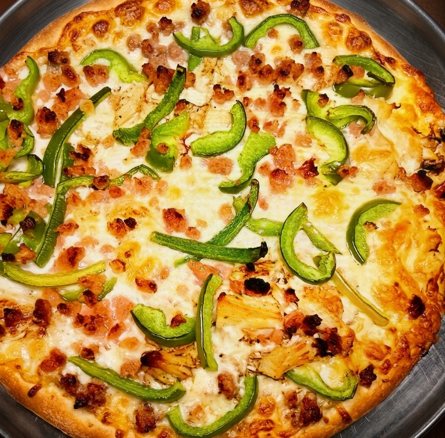 Sal's Deluxe Pizza made with fresh daily dough at Sal's Famous on 82 St Edmonton